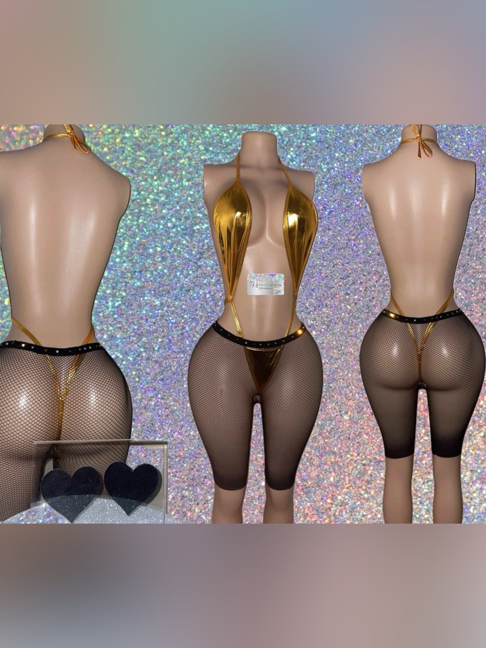 EXOTIC DANCEWEAR: Gold Metallic bodysuit & Fishnet Short Set with pasties